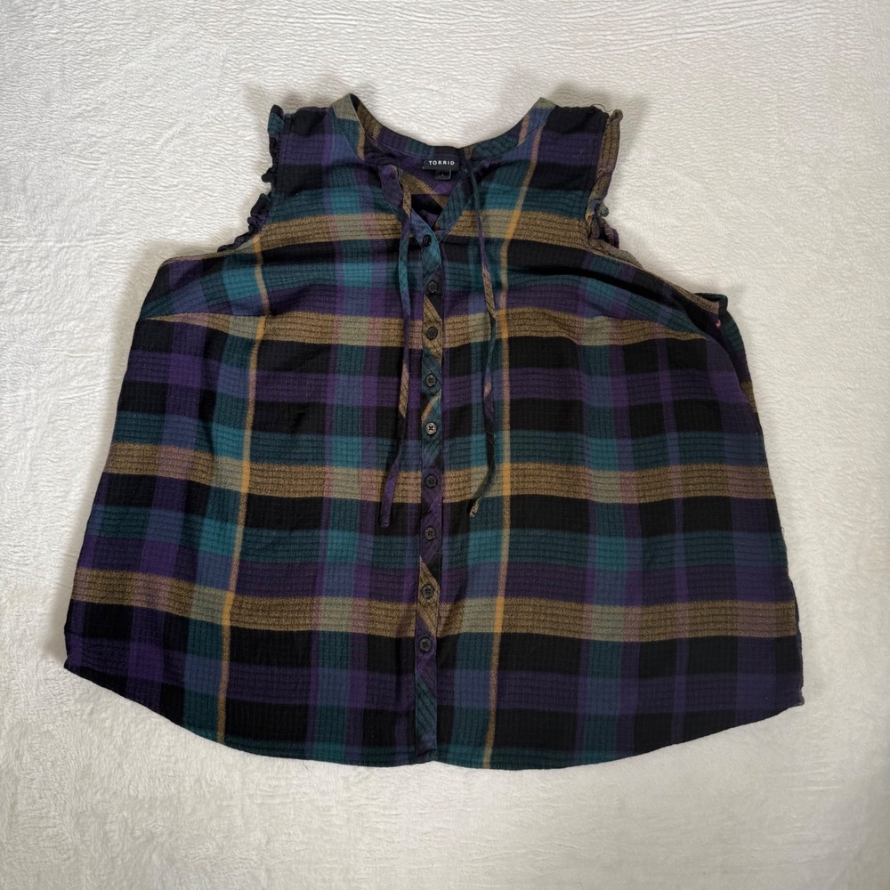 Torrid Womens 1 Plaid Sleeveless Babydoll Top Purple Green Lace Up Waffle Knit